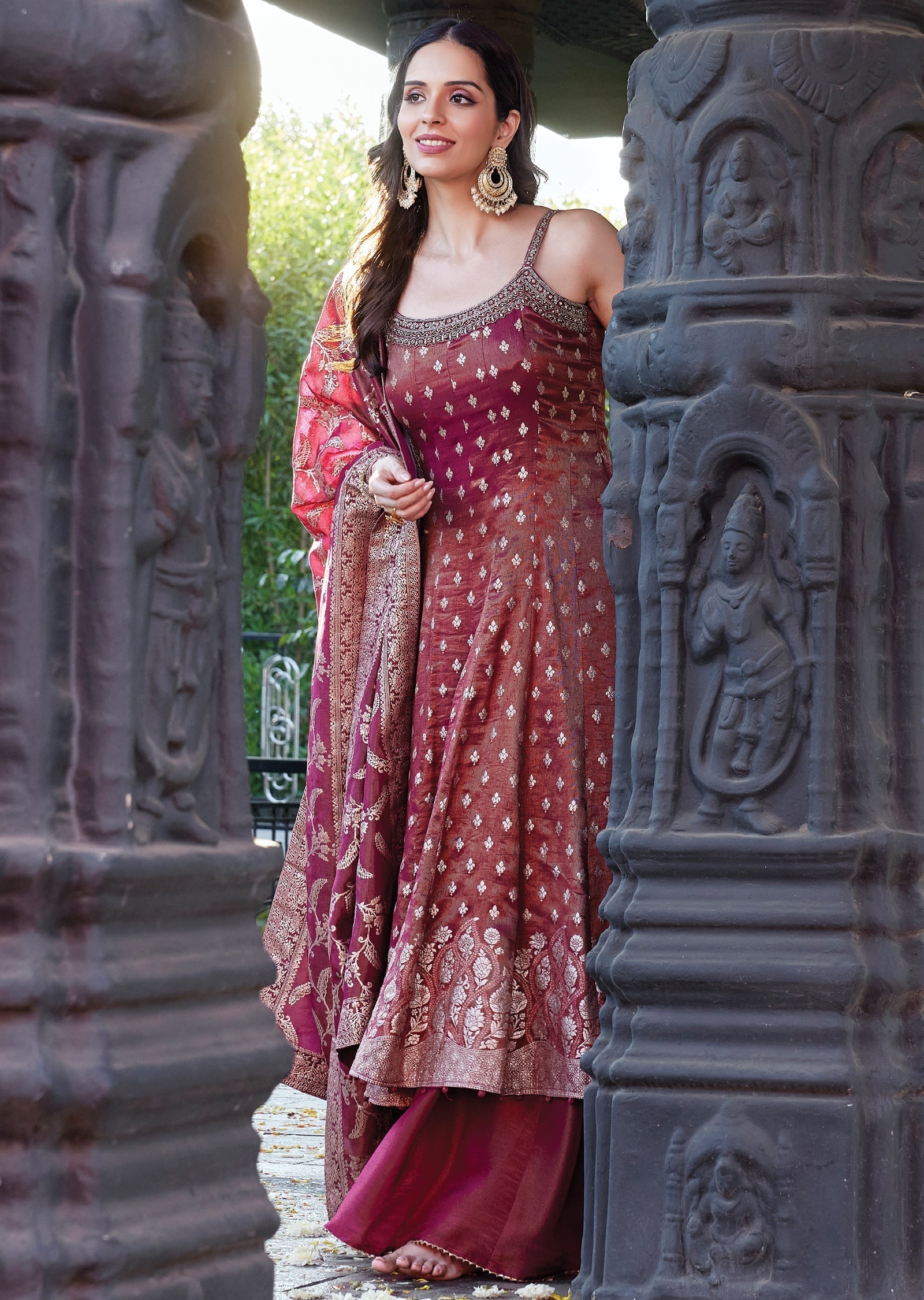 Dark pink tissue Anarkali with banarasi dupatta