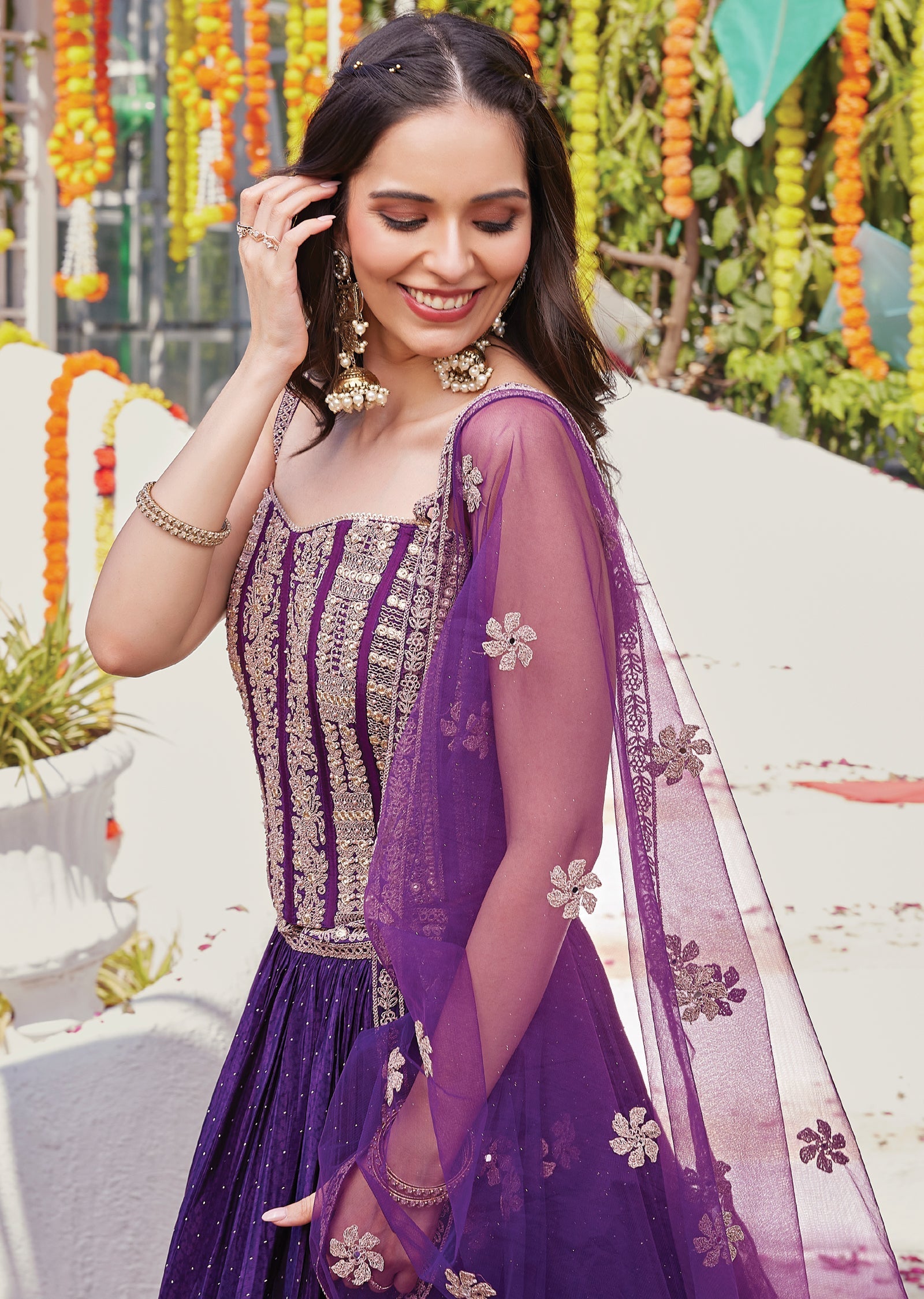Purple crepe corset lehenga