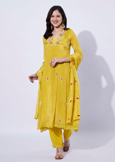 Yellow Chinnon Anarkali Suit