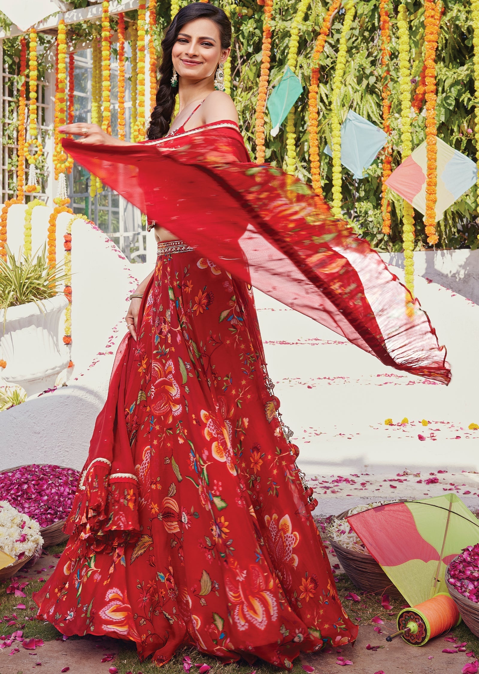 Floral Red silk corset lehenga