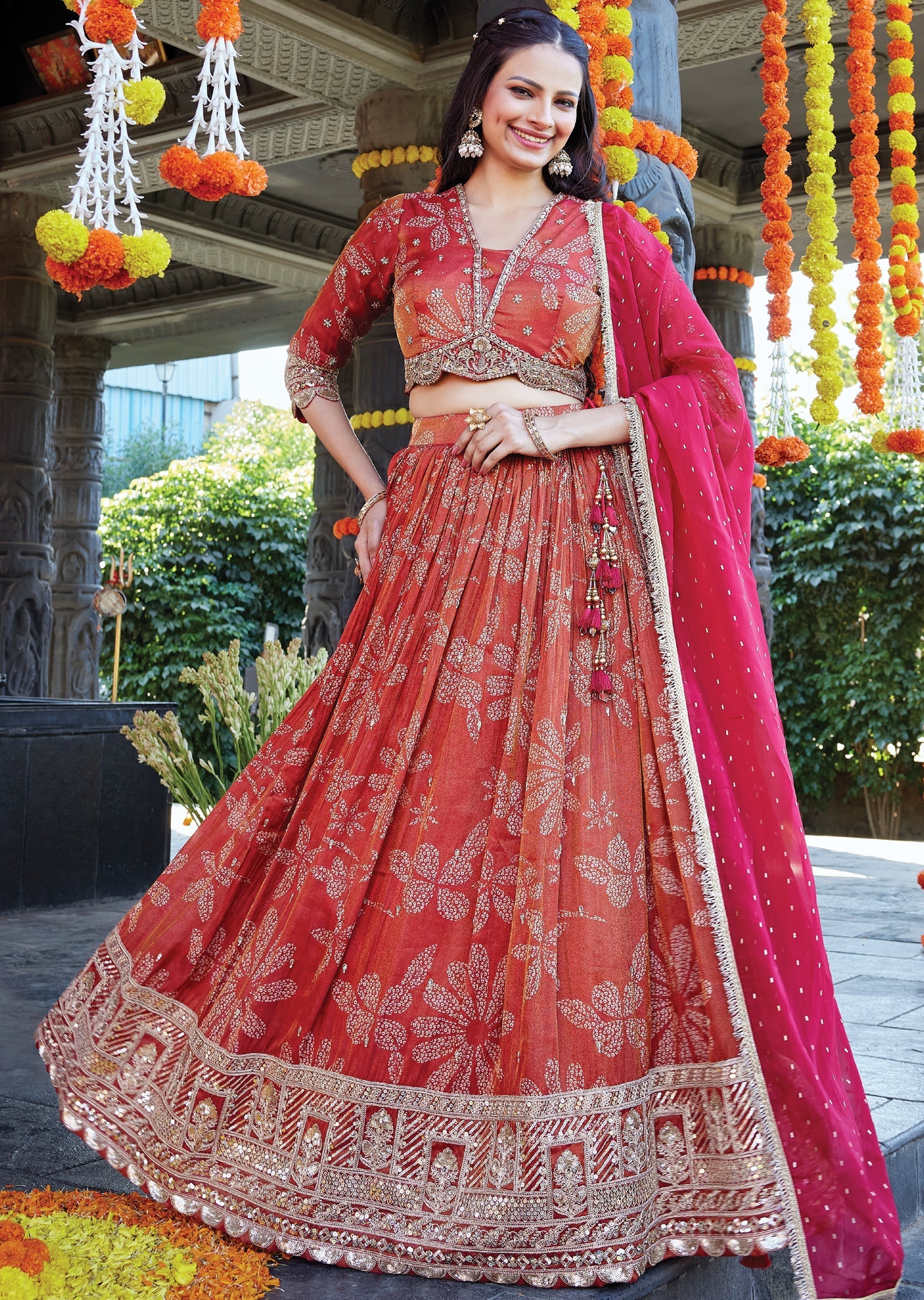 Rusty red silk lehenga