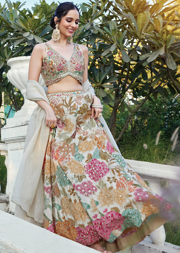 Elegant Cream Chinnon Lehenga Set