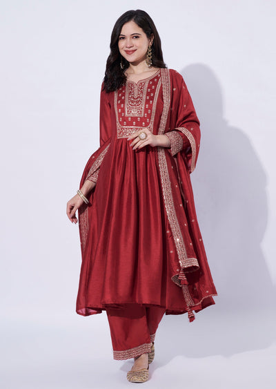 Red Tissue Anarkali Suit