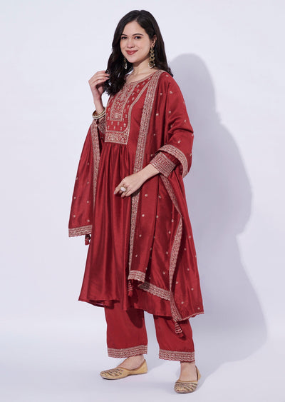 Red Tissue Anarkali Suit