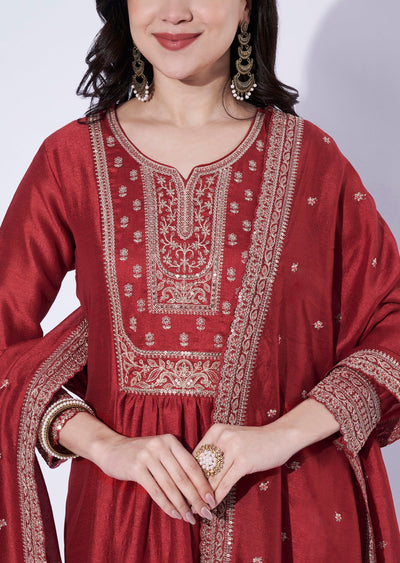 Red Tissue Anarkali Suit