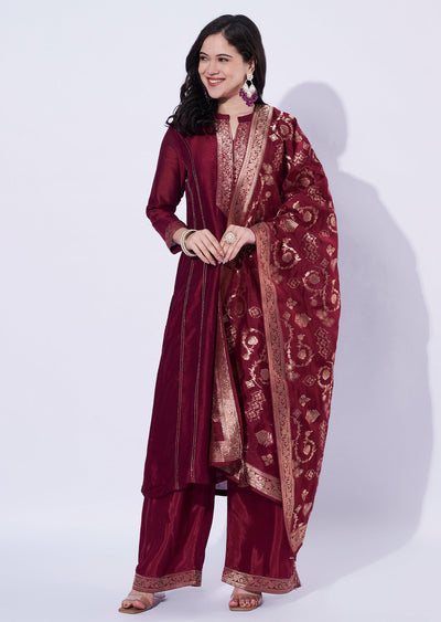Maroon Silk A-Line Straight Cut Suit