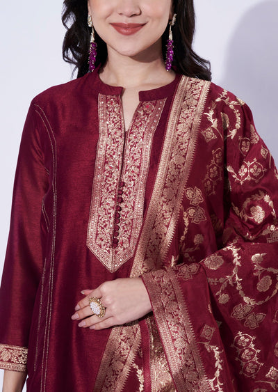 Maroon Silk A-Line Straight Cut Suit