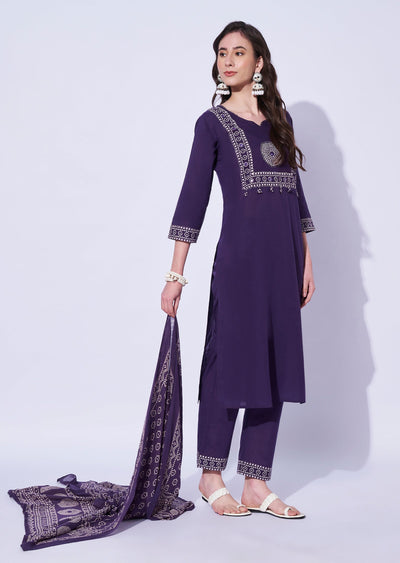 Purple Cotton Straight Cut Kurti Set