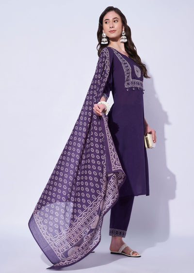 Purple Cotton Straight Cut Kurti Set