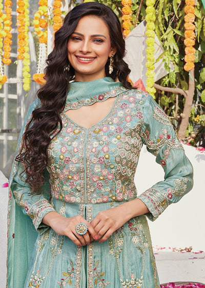 Blue Tissue Front-Slit Anarkali & lehenga set