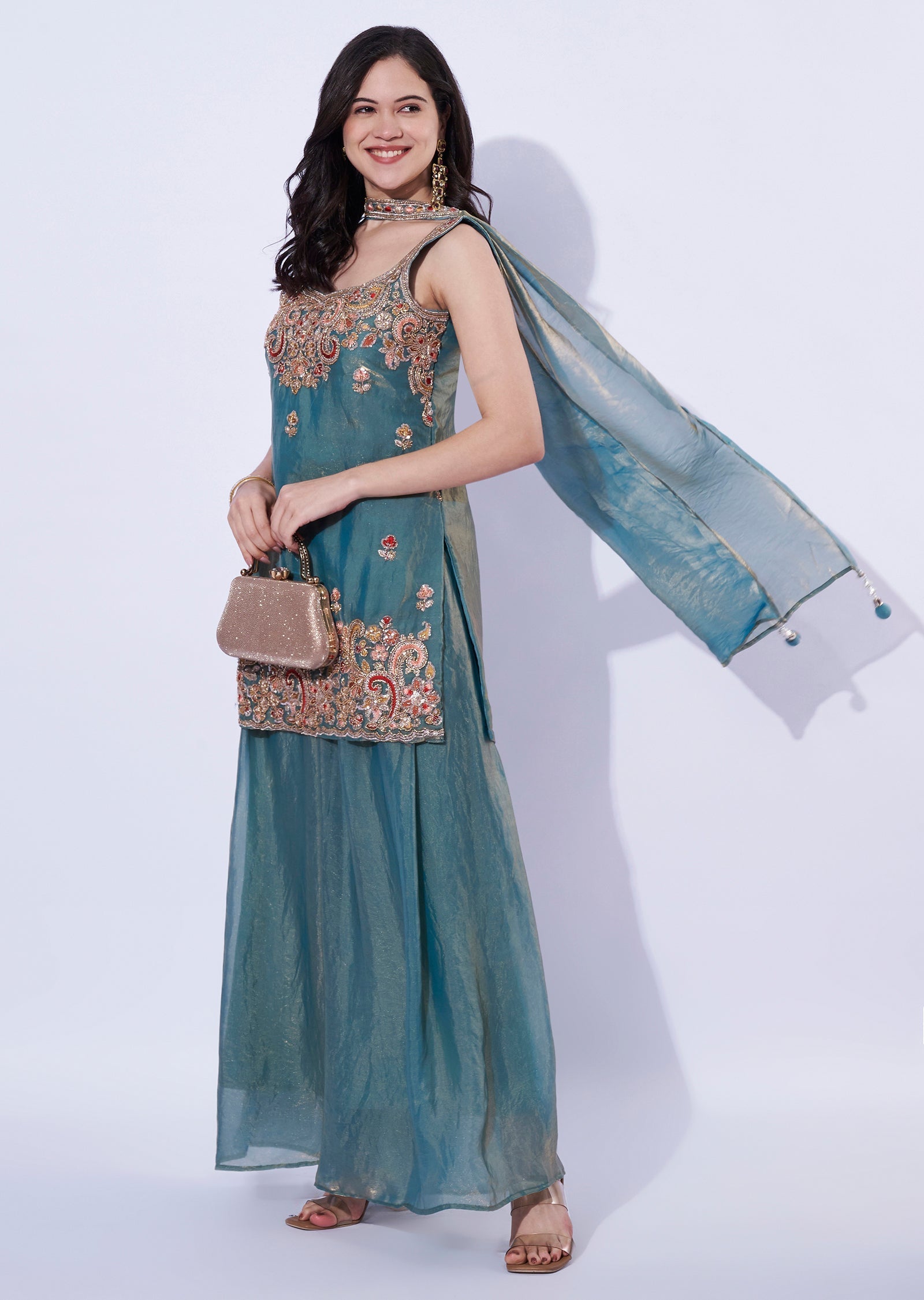 Sea Green Tissue Indo western Shsrara