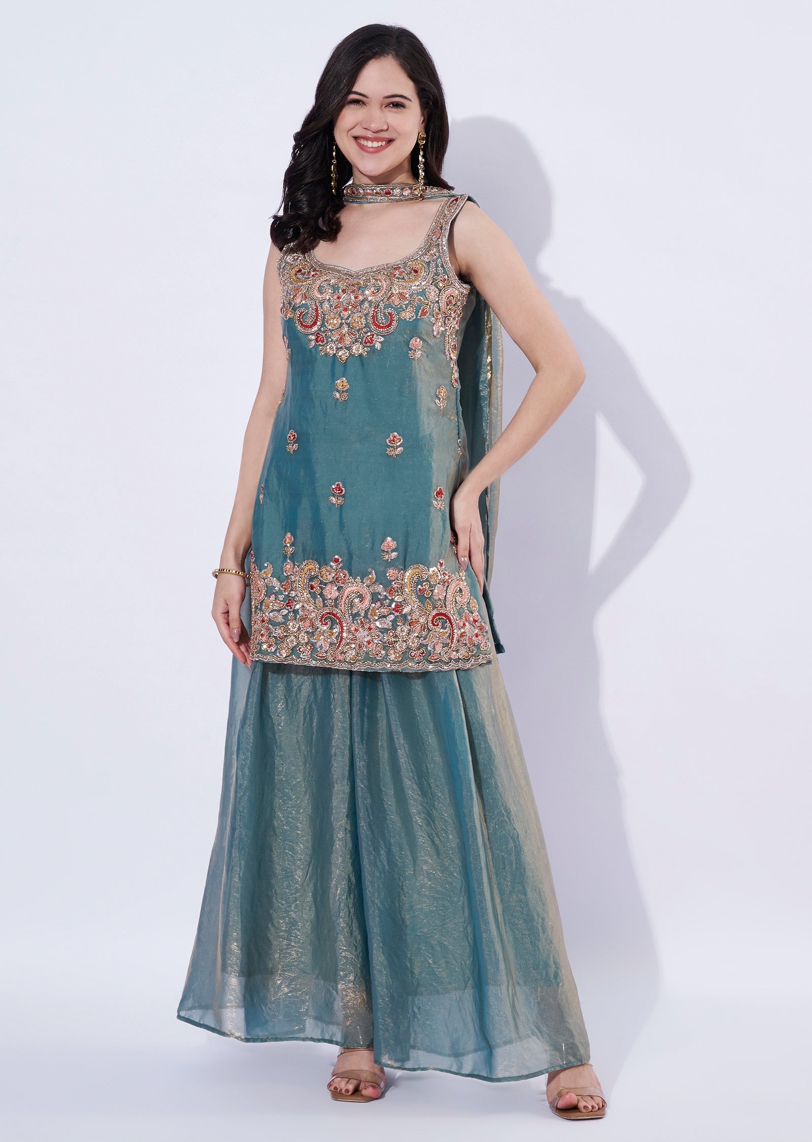 Sea Green Tissue Indo western Shsrara