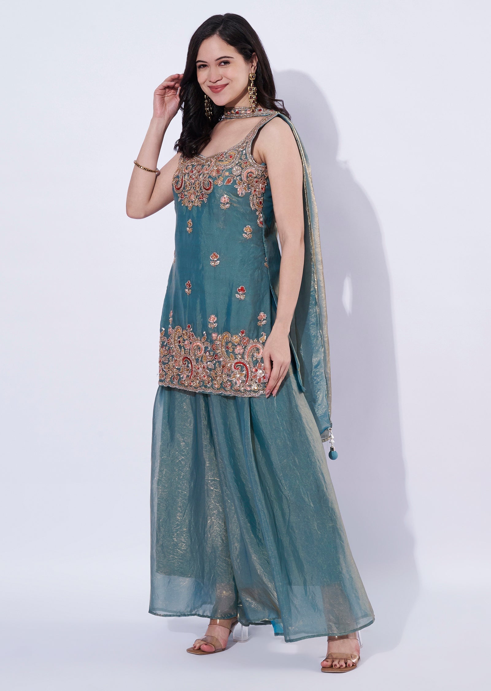 Sea Green Tissue Indo western Shsrara