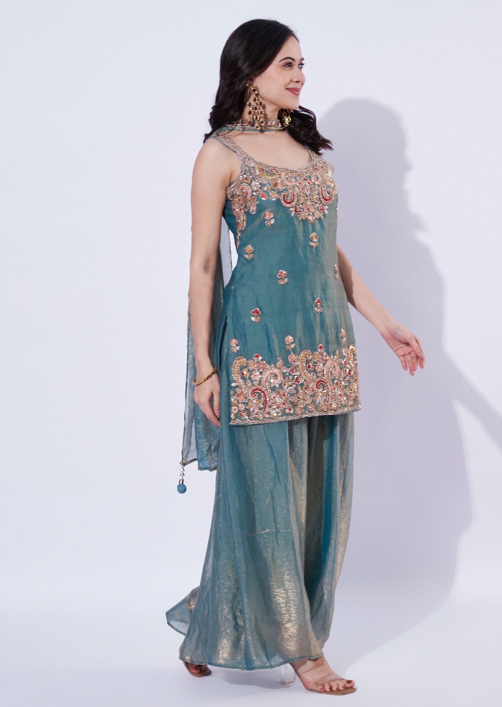 Sea Green Tissue Indo western Shsrara