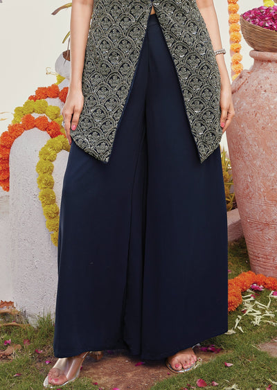Navy Blue Indowestern Jacket Set With Palazzo Pants