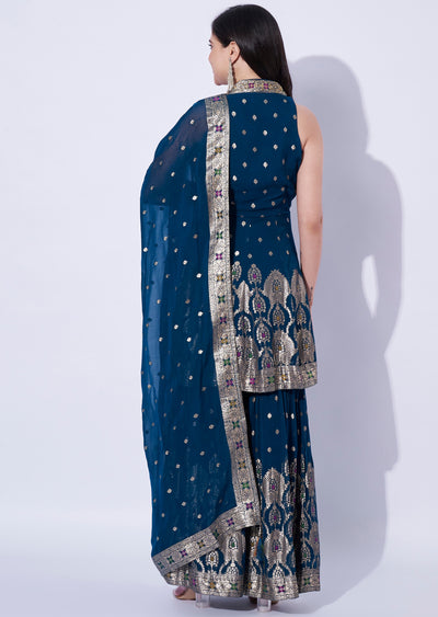 Teal Blue Georgette Front-Slit anarkali and gharara set