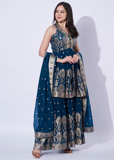 Teal Blue Georgette Front-Slit anarkali and gharara set