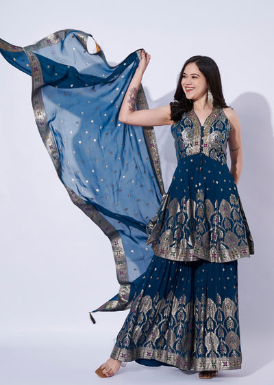 Teal Blue Georgette Front-Slit anarkali and gharara set