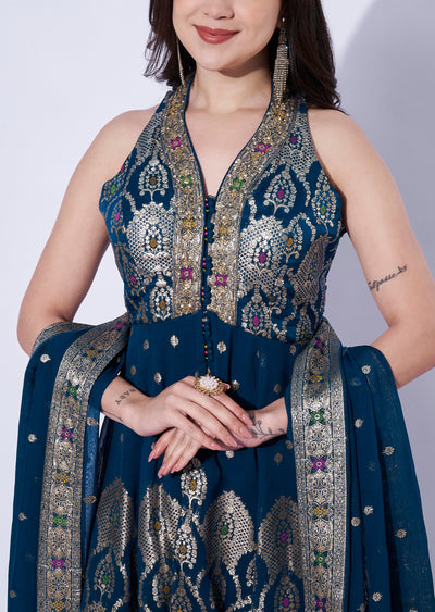 Teal Blue Georgette Front-Slit anarkali and gharara set