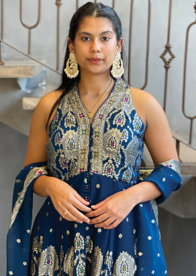 Teal Blue Georgette Front-Slit anarkali and gharara set