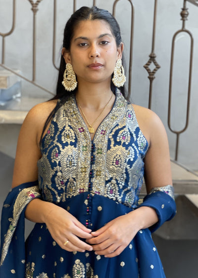 Teal Blue Georgette Front-Slit anarkali and gharara set