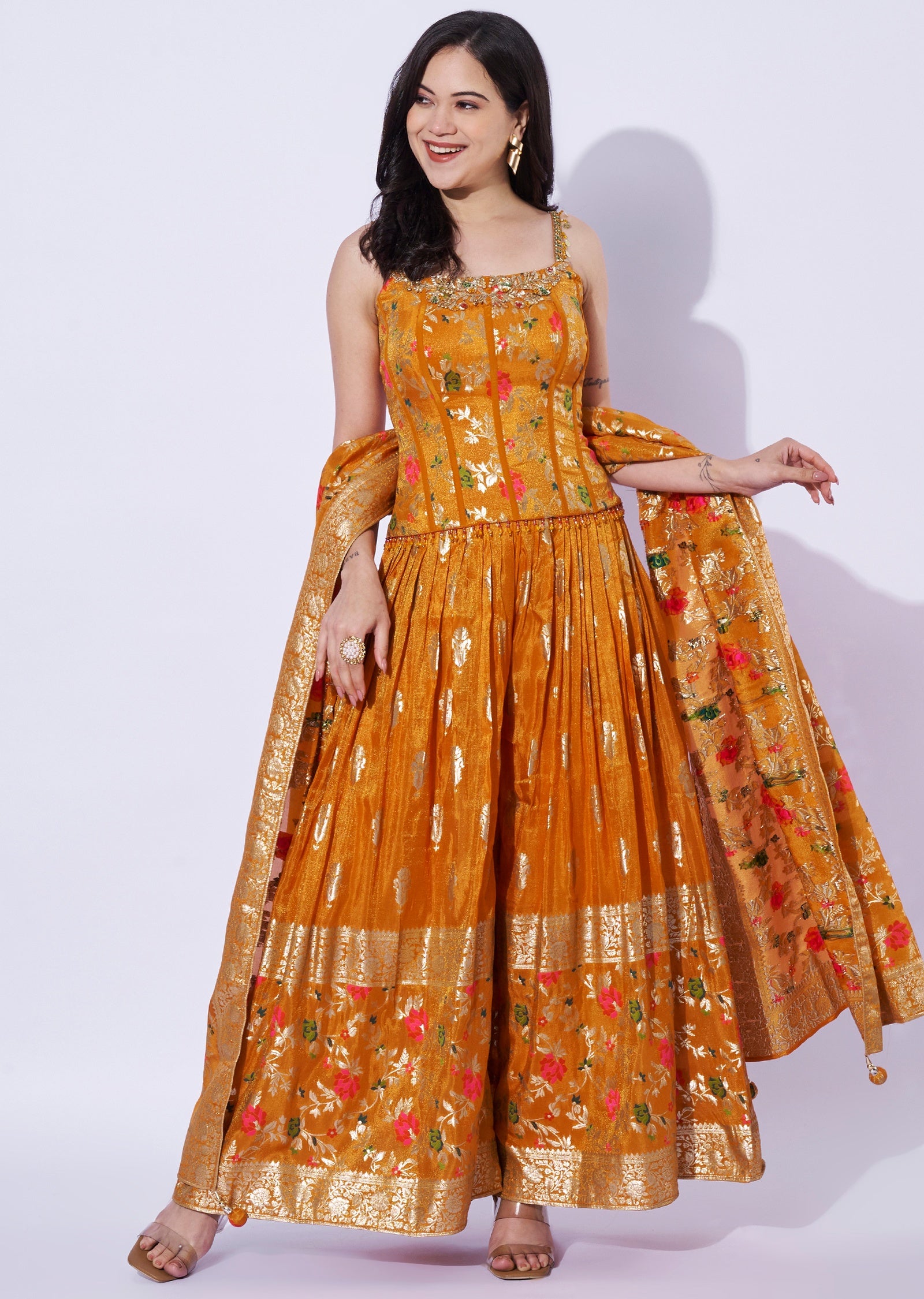 Orange Tissue corset Blouse with Palazzo & Banaras Dupatta