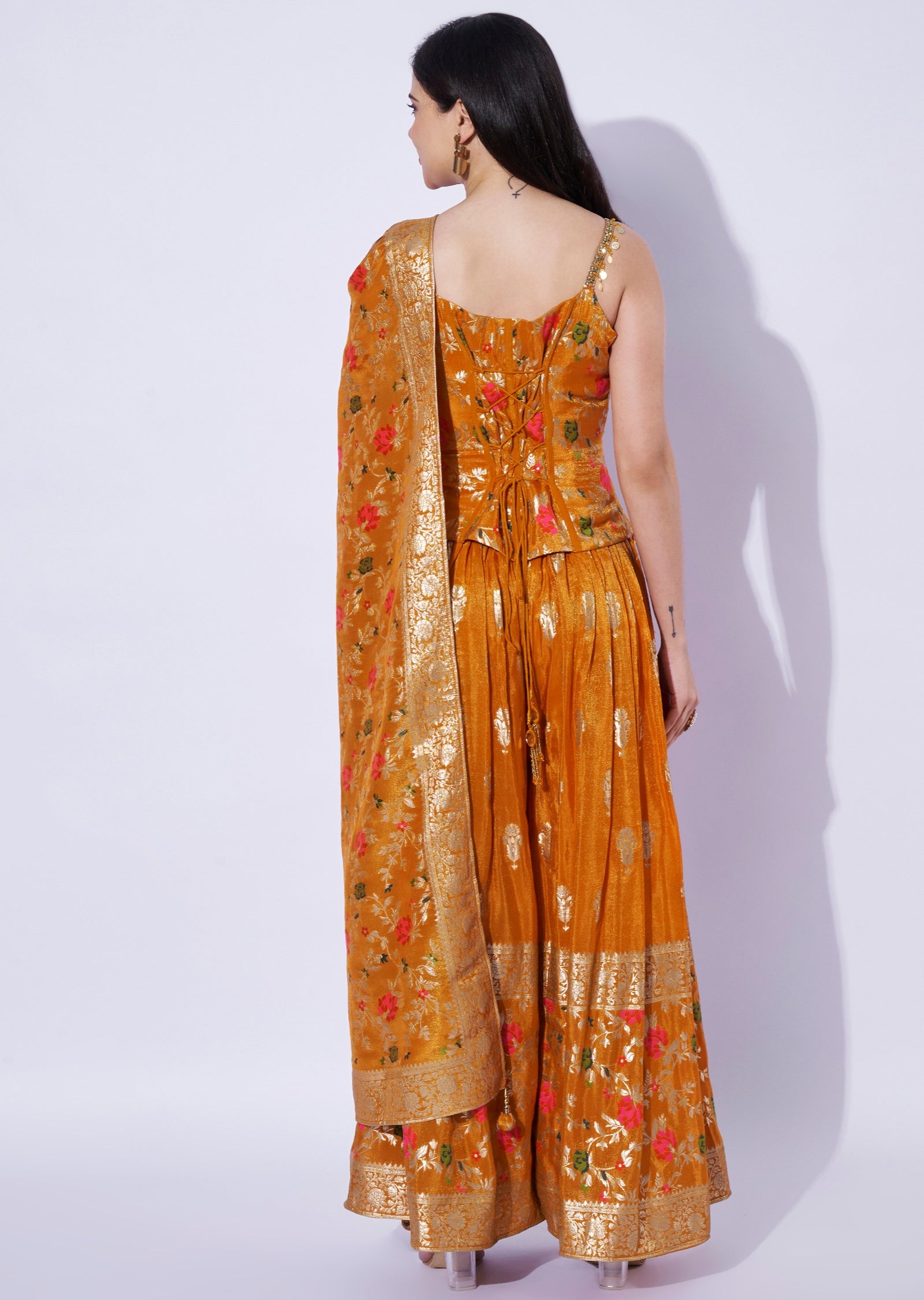 Orange Tissue corset Blouse with Palazzo & Banaras Dupatta