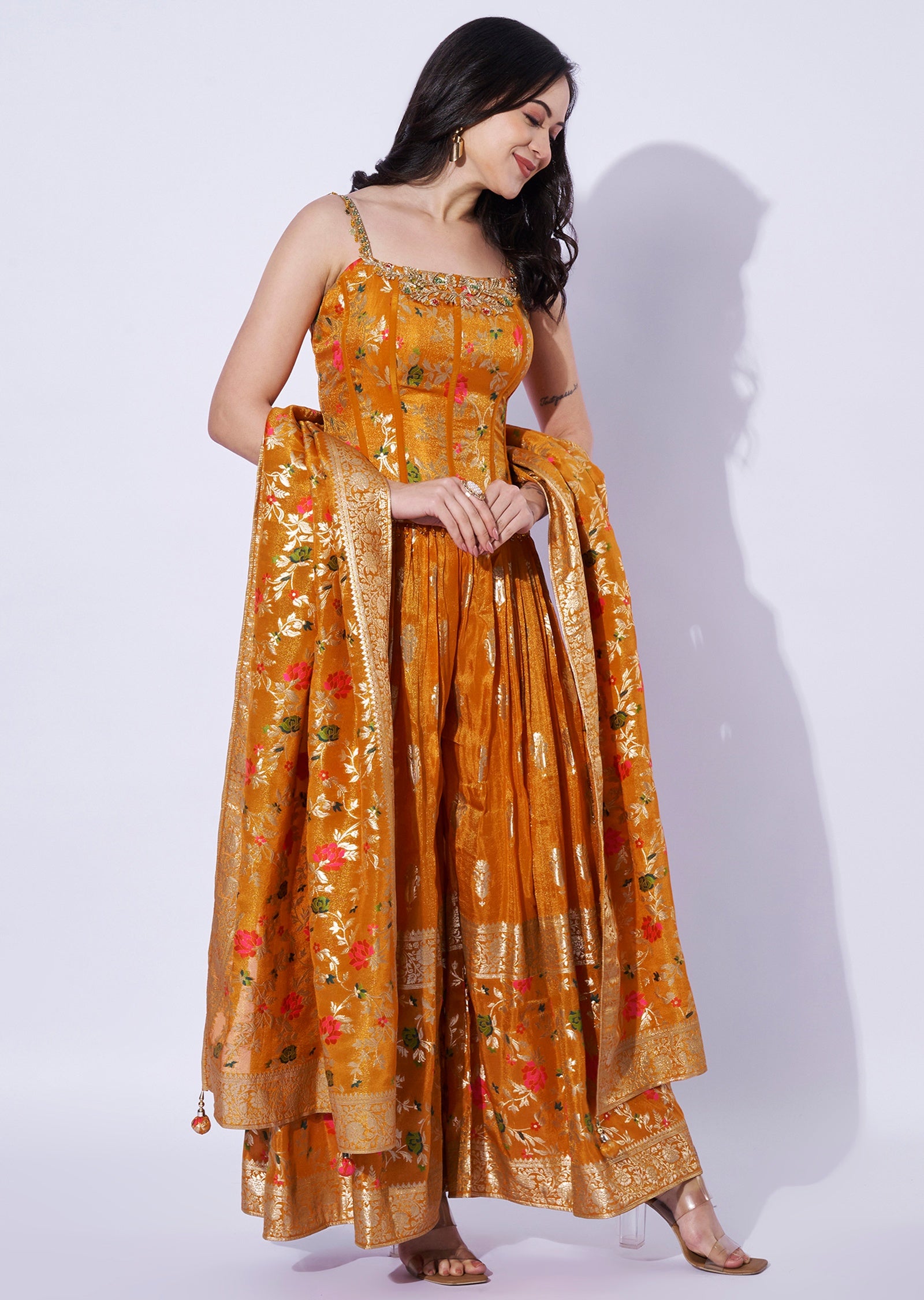 Orange Tissue corset Blouse with Palazzo & Banaras Dupatta