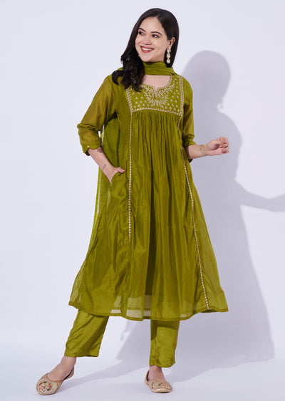 Olive Green Mul Chanderi Anarkali Suit