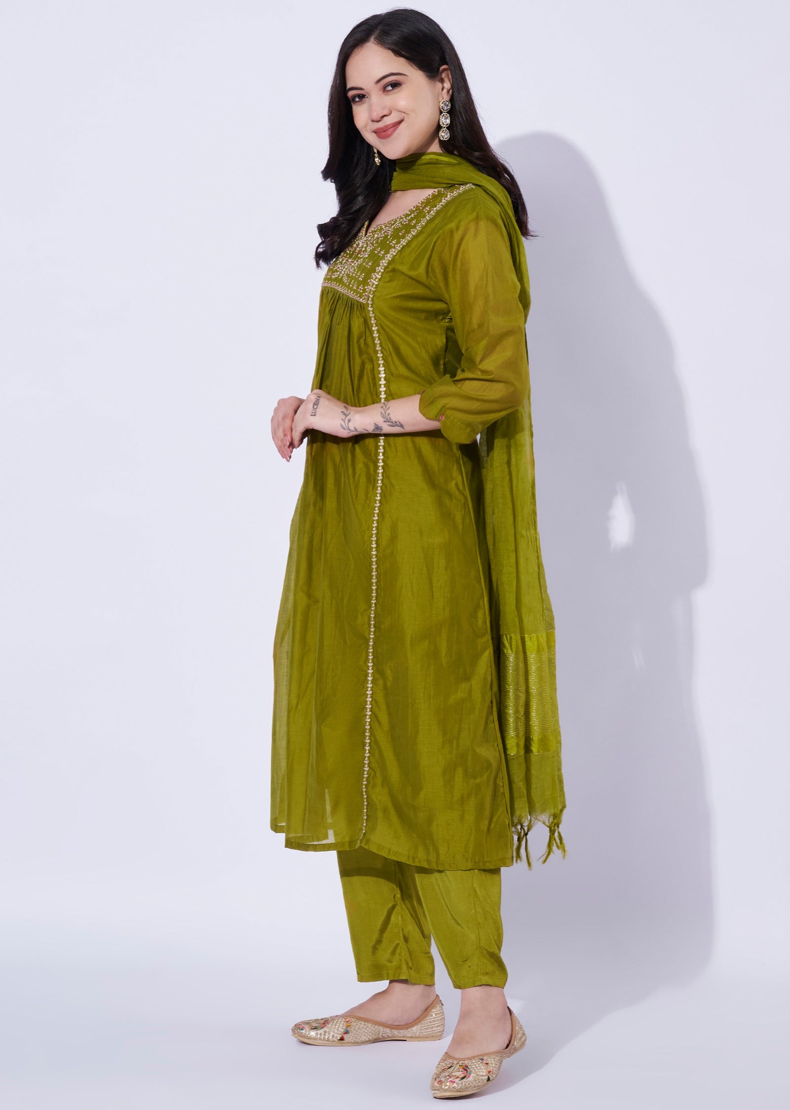 Olive Green Mul Chanderi Anarkali Suit