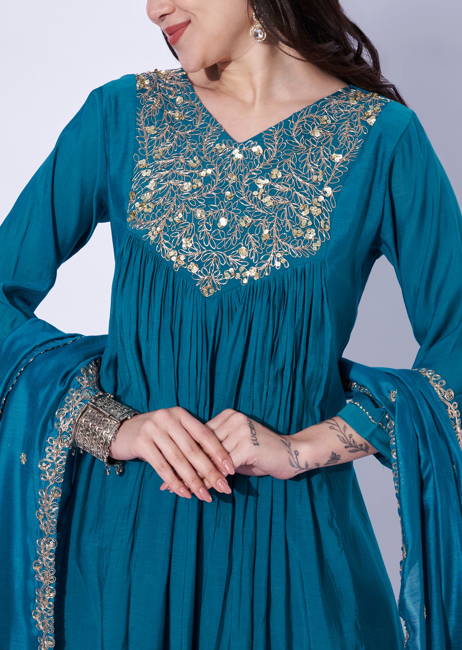 Blue Mul Chanderi Anarkali