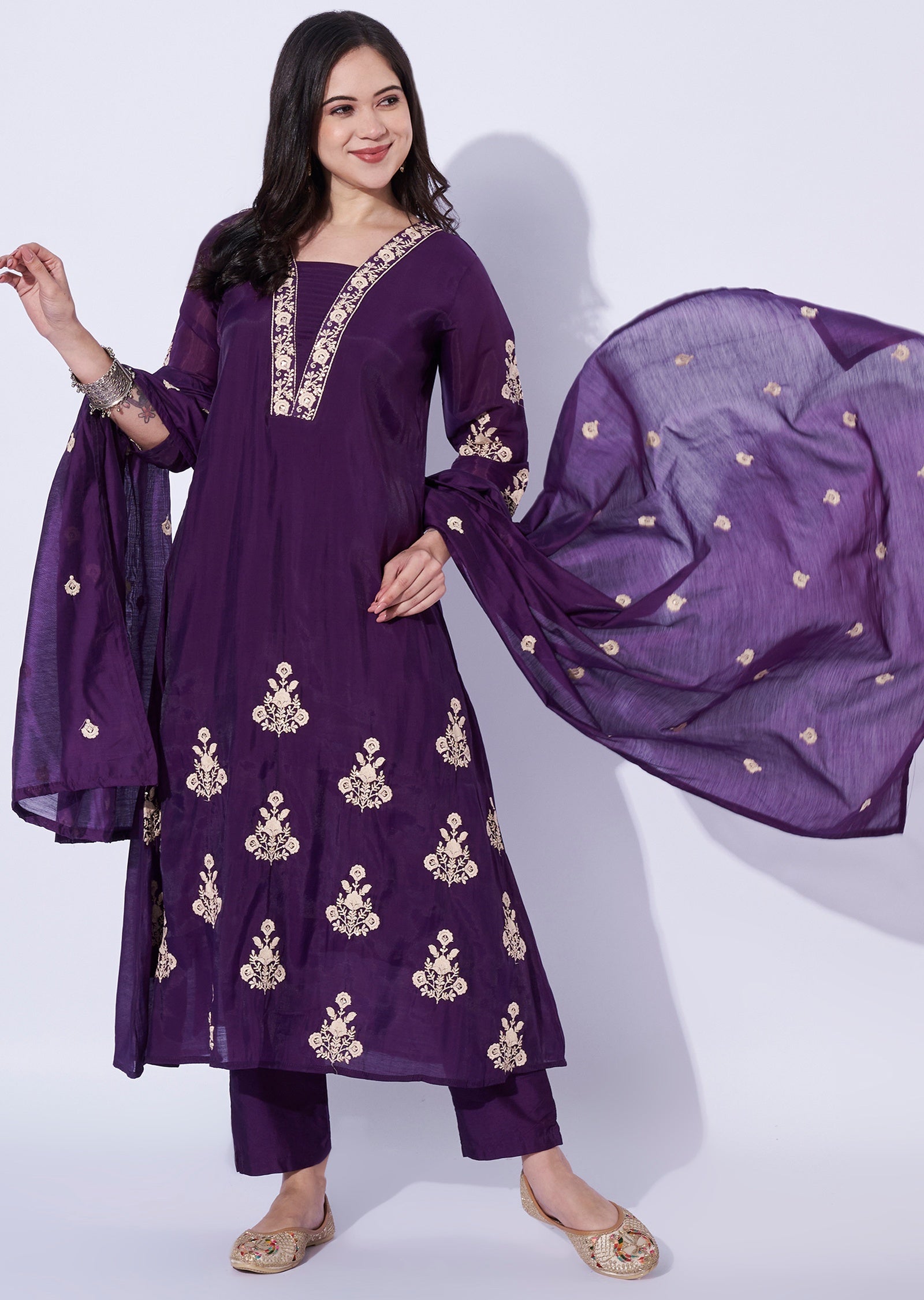 Wine Mul Chanderi Anarkali suit
