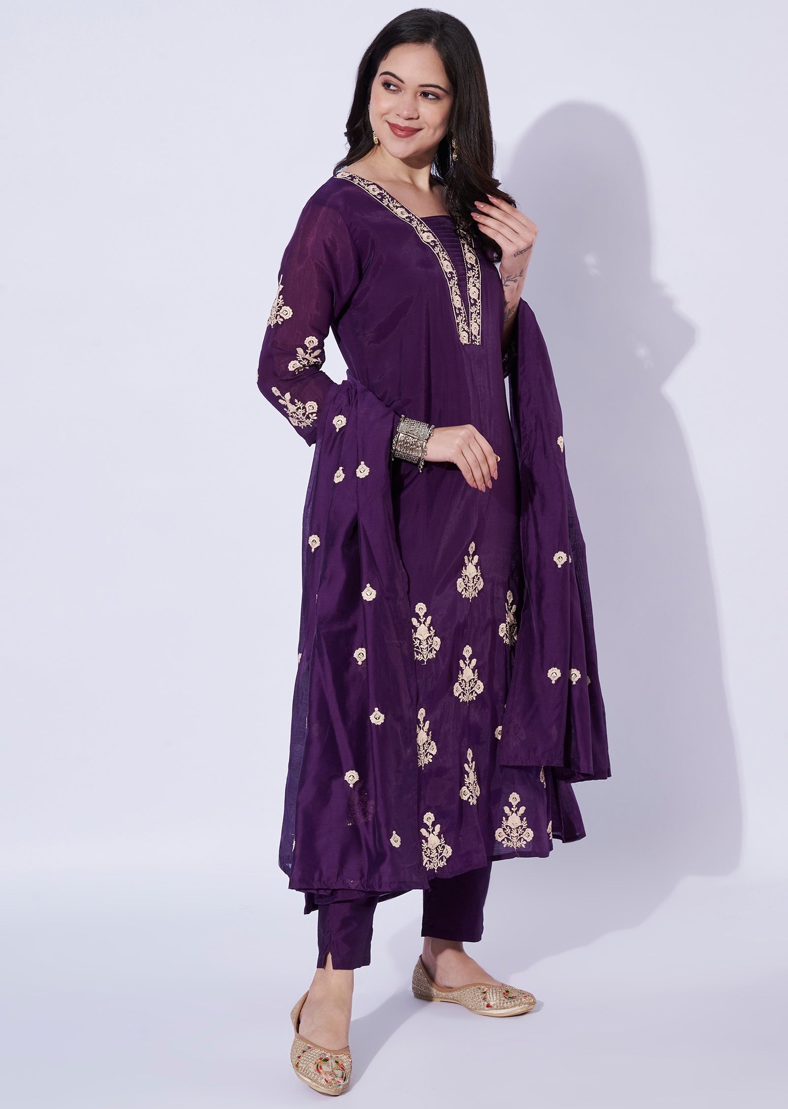 Wine Mul Chanderi Anarkali suit