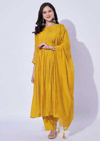 Yellow Mul Chanderi Anarkali Suit