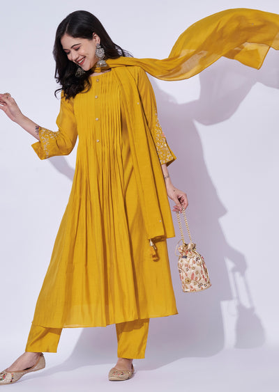 Yellow Mul Chanderi Anarkali Suit