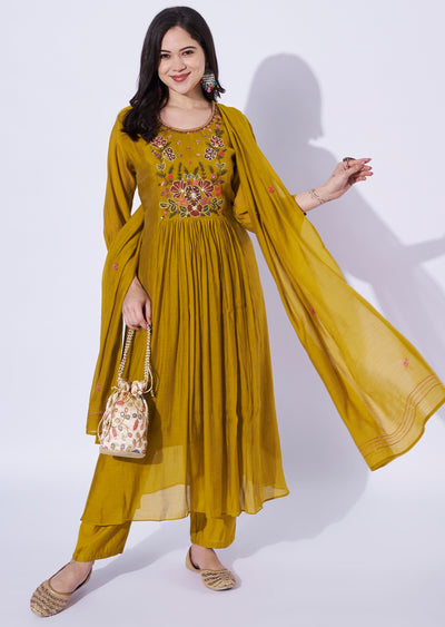 Mustard yellow Mul Chanderi Anarkali