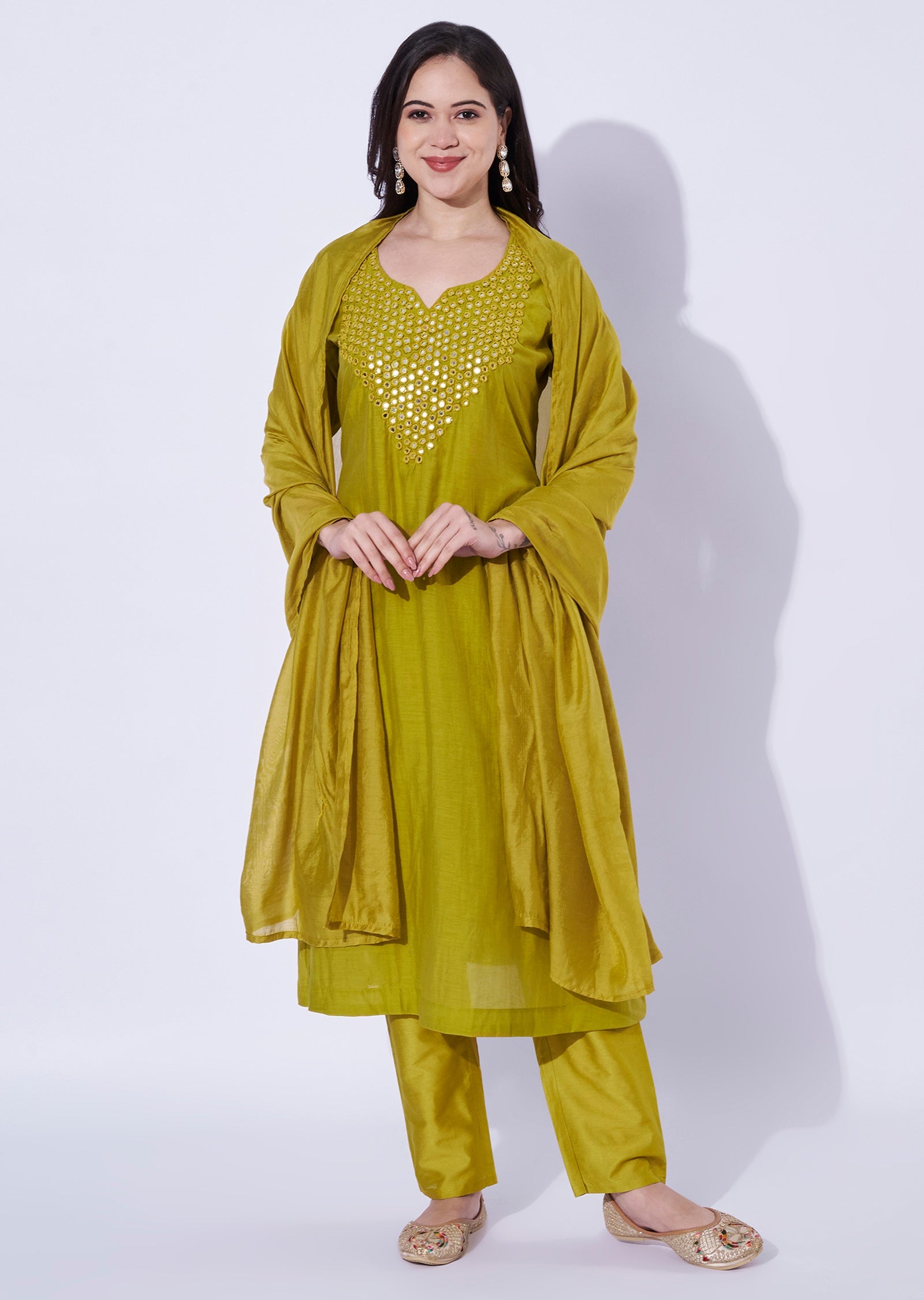 Lime Green Mul Chanderi Anarkali Suit