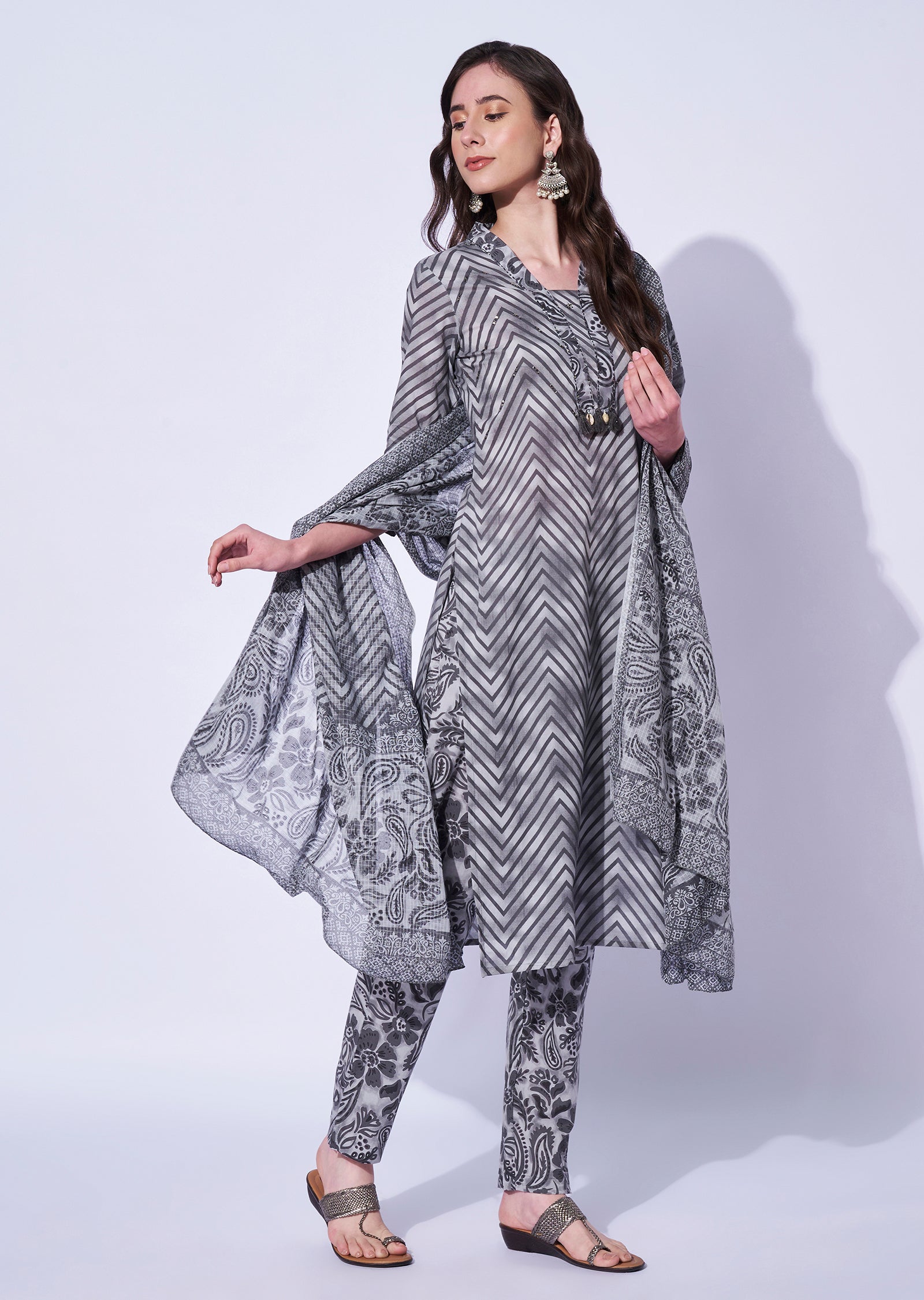 Grey Cotton Straight Cut Kurti Set