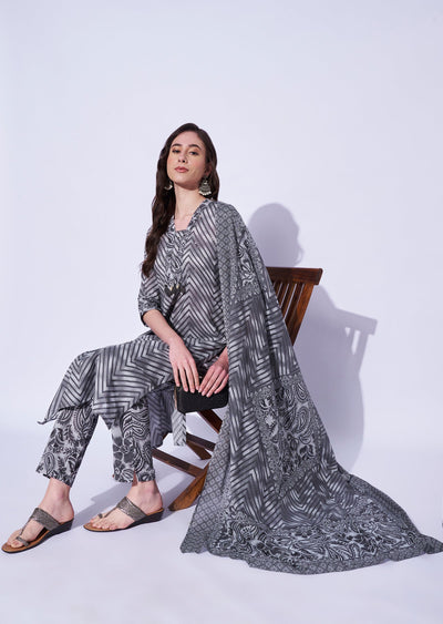 Grey Cotton Straight Cut Kurti Set