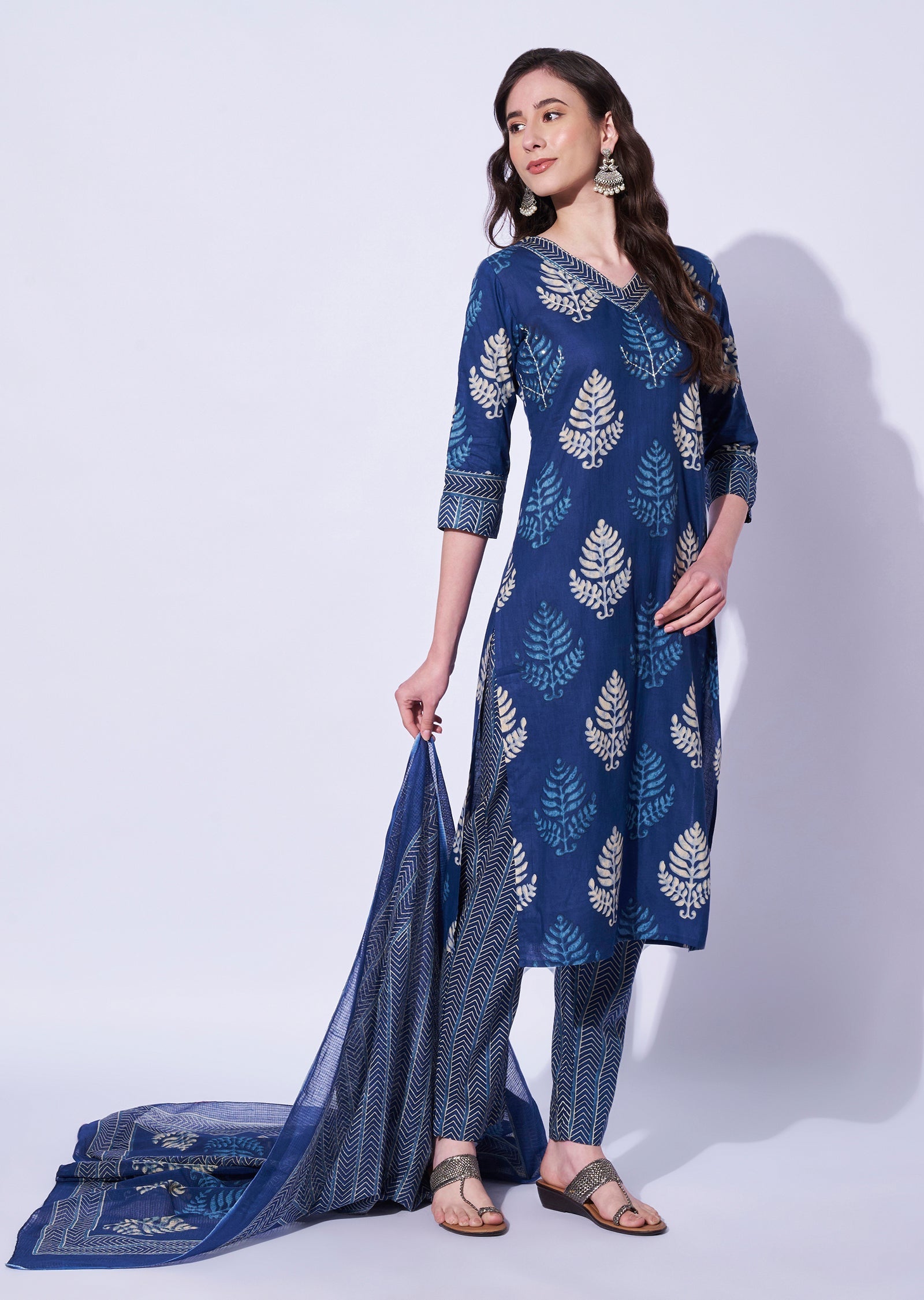 Blue Cotton Straight Cut Kurti Set