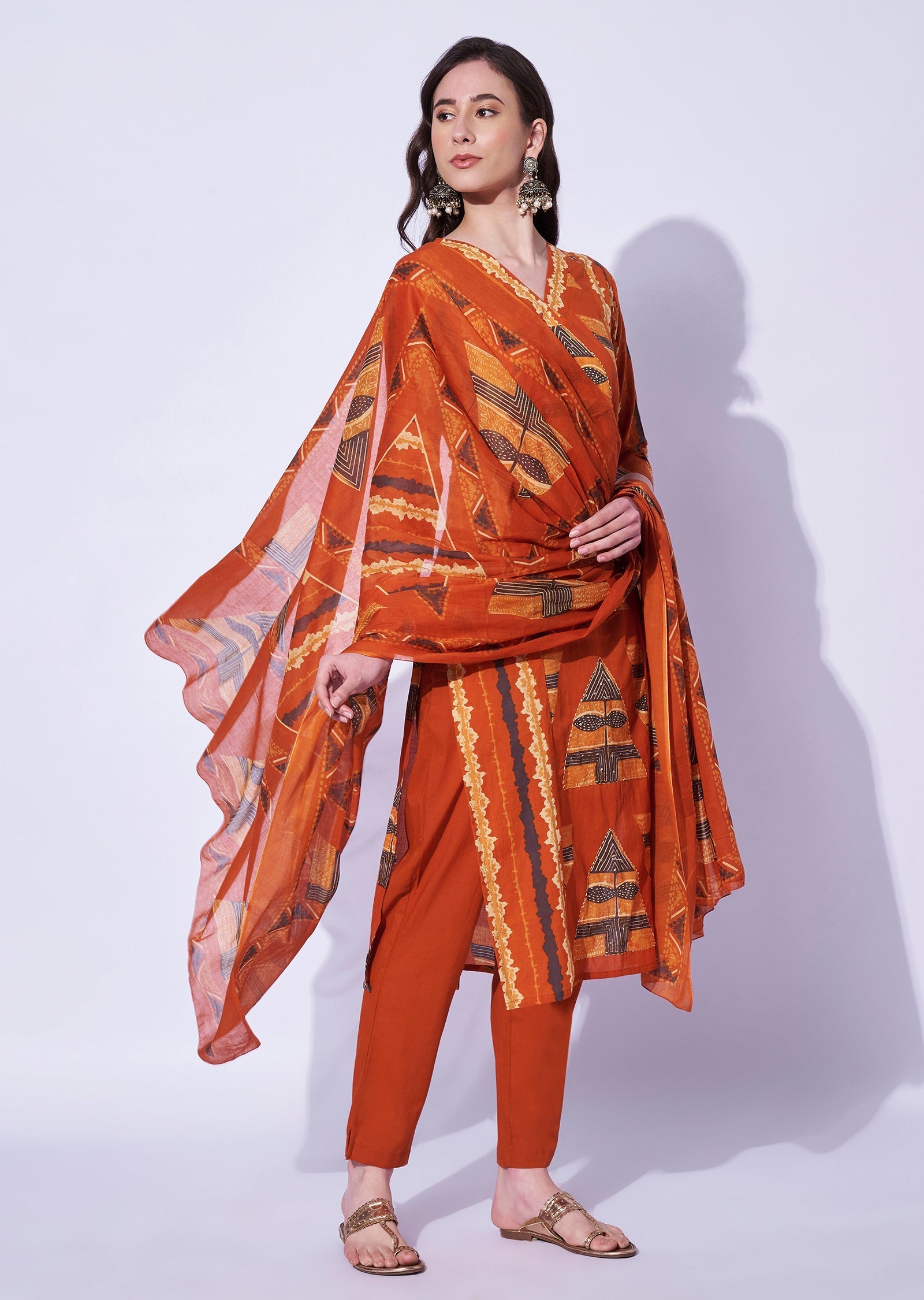 Rust Cotton Straight Cut Kurti Set