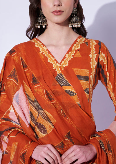 Rust Cotton Straight Cut Kurti Set