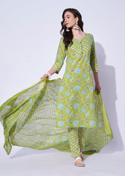 Parrot Green Cotton Straight Cut Kurti Set