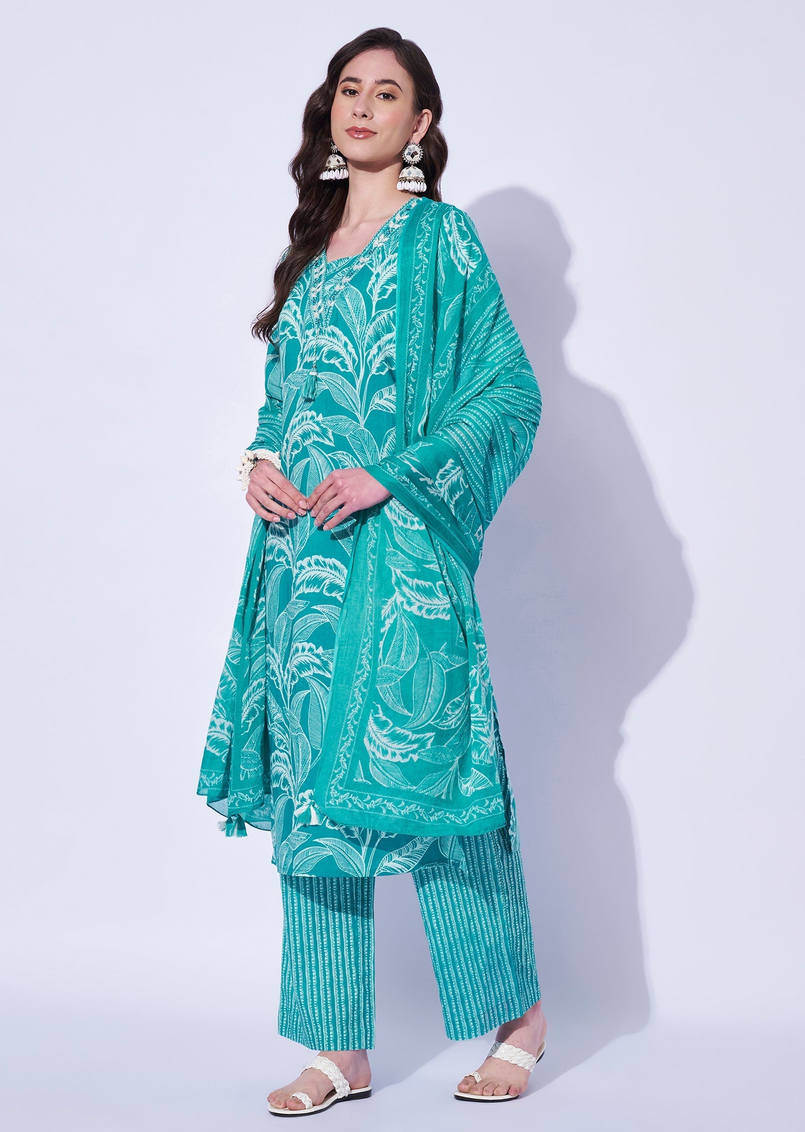 Sea Green Cotton Straight Cut Kurti Set
