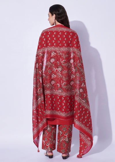 Red Cotton Straight Cut Kurti Set