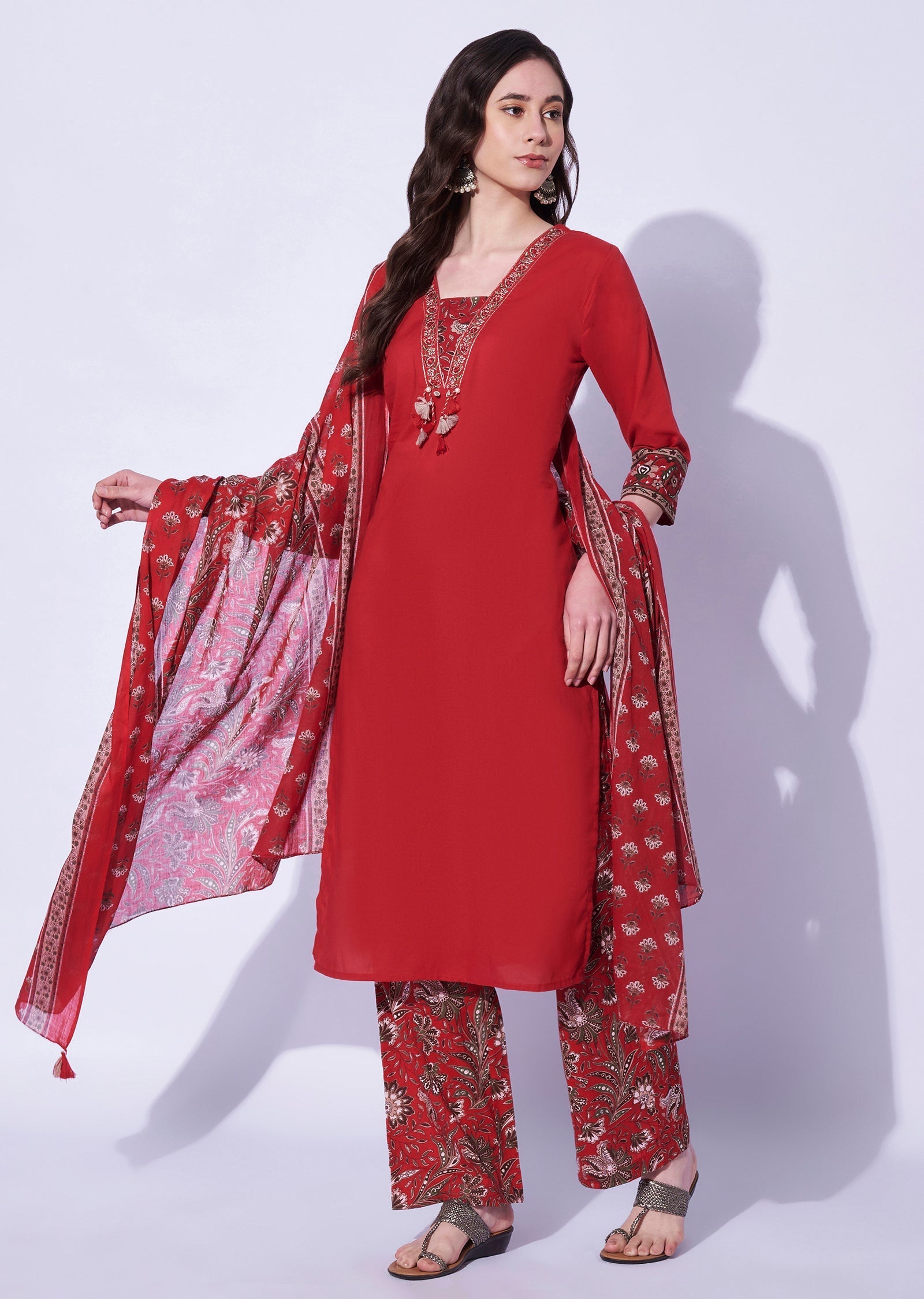 Red Cotton Straight Cut Kurti Set