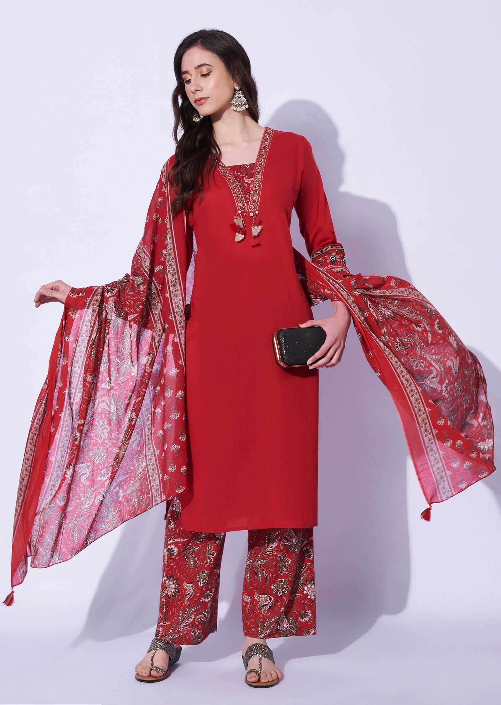 Red Cotton Straight Cut Kurti Set