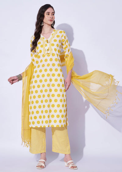 Yellow Cotton Straight Cut Kurti Set
