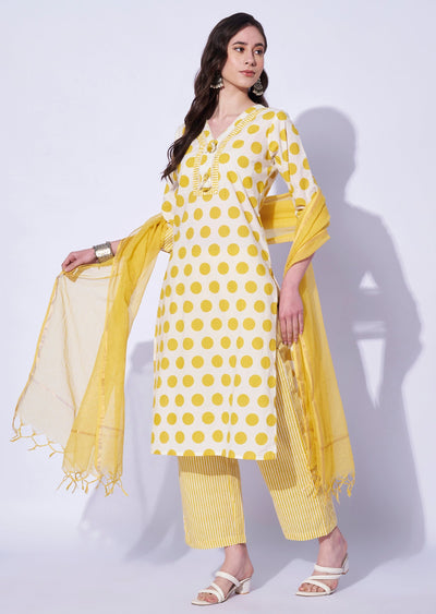 Yellow Cotton Straight Cut Kurti Set