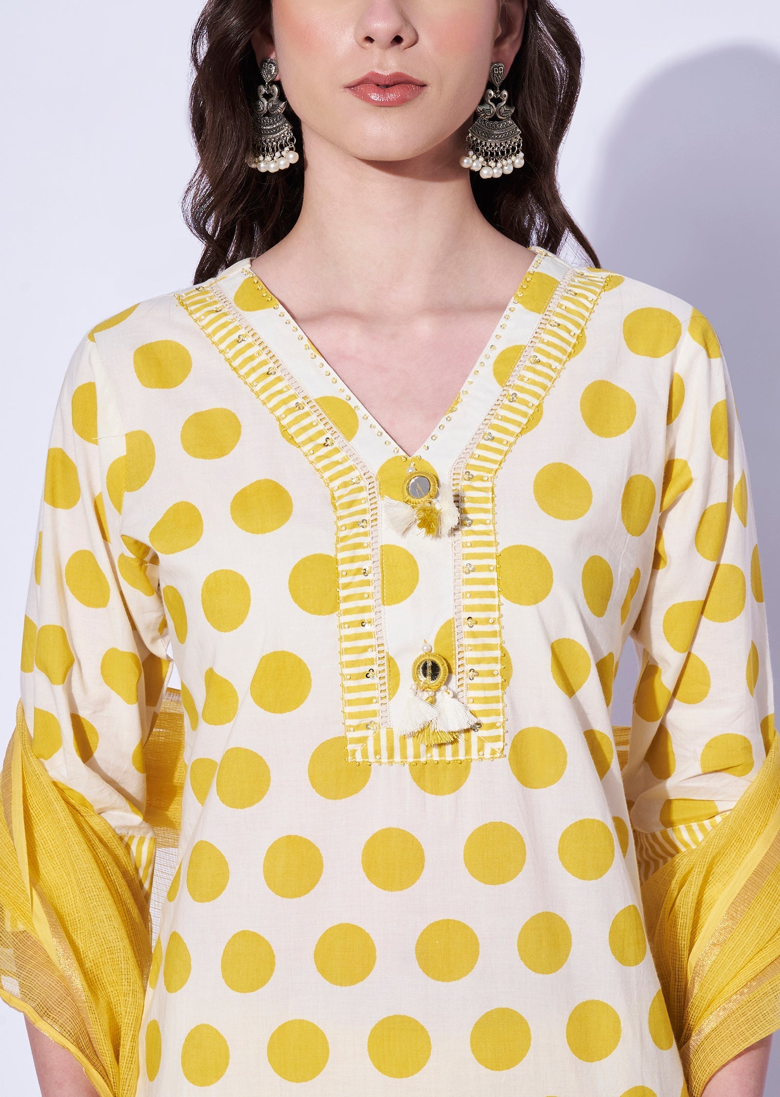 Yellow Cotton Straight Cut Kurti Set